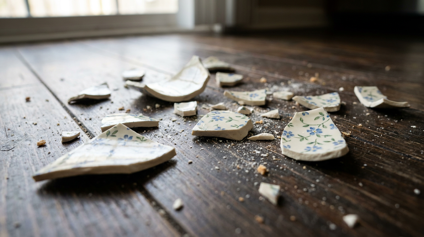 Shattered pieces of a ceramic mug with blue floral patterns lie scattered on a dark wooden floor, with crumbs and dust around them.