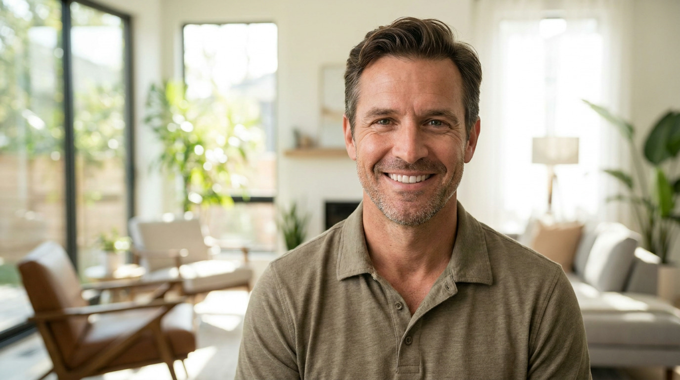 Daniel smiles confidently at the viewer, wearing a green polo shirt in a bright, modern living room with large windows, a fireplace, and light-colored furniture.