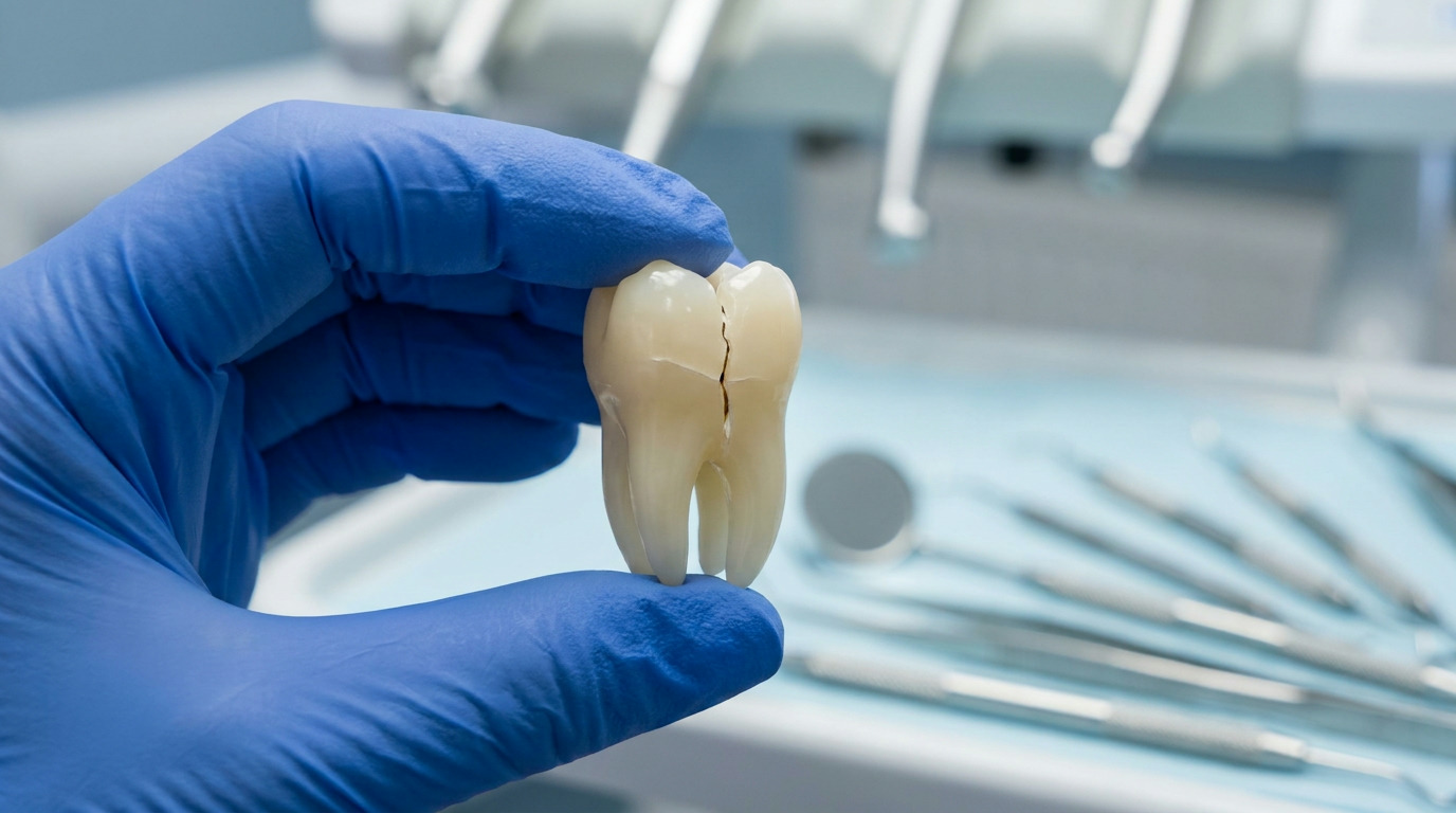 A blue-gloved hand holds a cracked molar tooth model, with blurred dental instruments and equipment in the background.