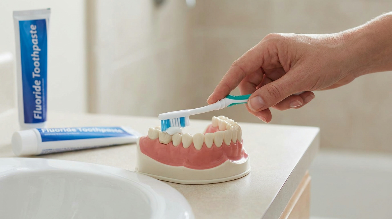 A hand holds a toothbrush with toothpaste over a dental model, next to a sink and two tubes of fluoride toothpaste on a bathroom counter.