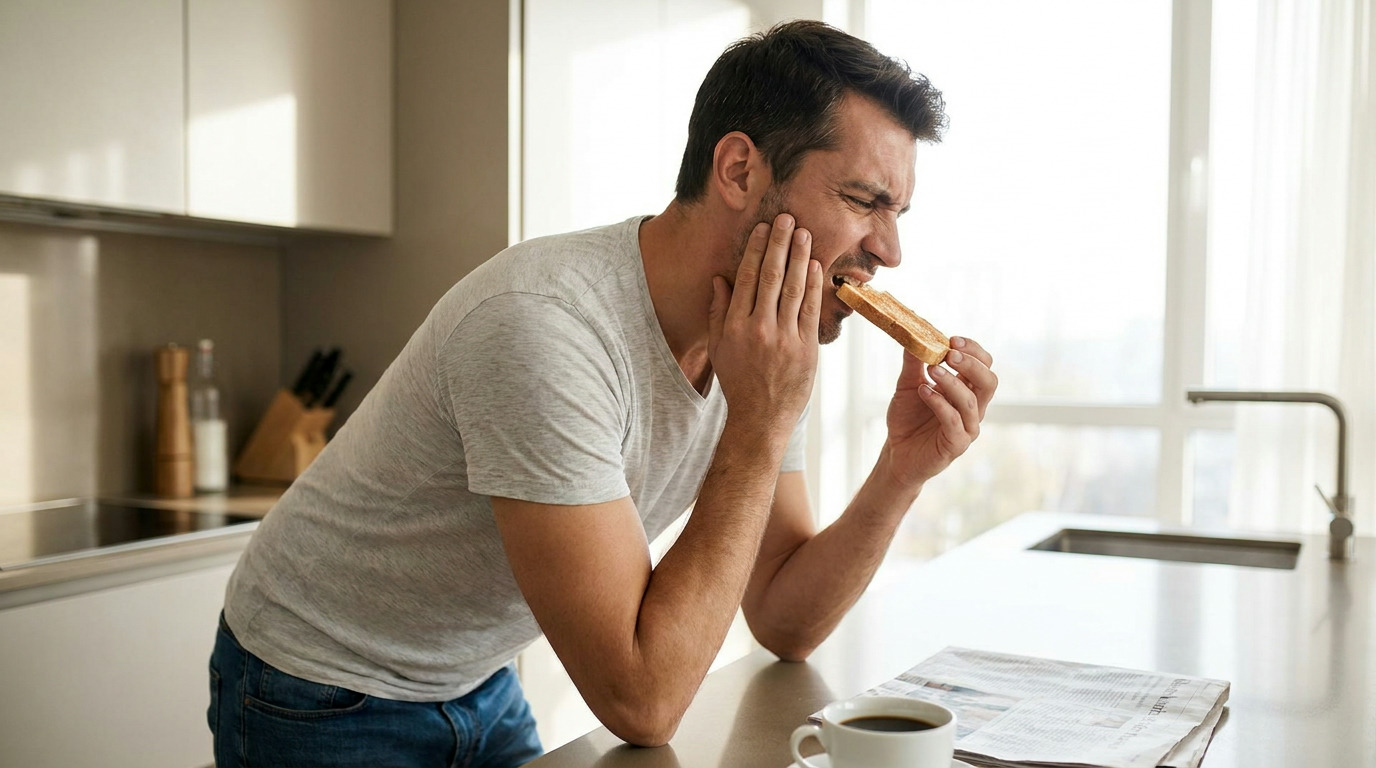 A man in a gray t-shirt and jeans winces while biting into toast and holding his jaw in a modern kitchen with a newspaper and coffee cup on the counter.