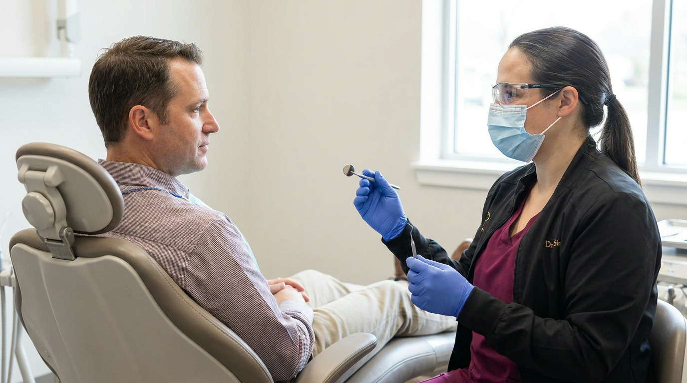 A man in a dental chair looks at a dentist wearing a mask, safety glasses, and blue gloves, holding a dental mirror and another instrument.