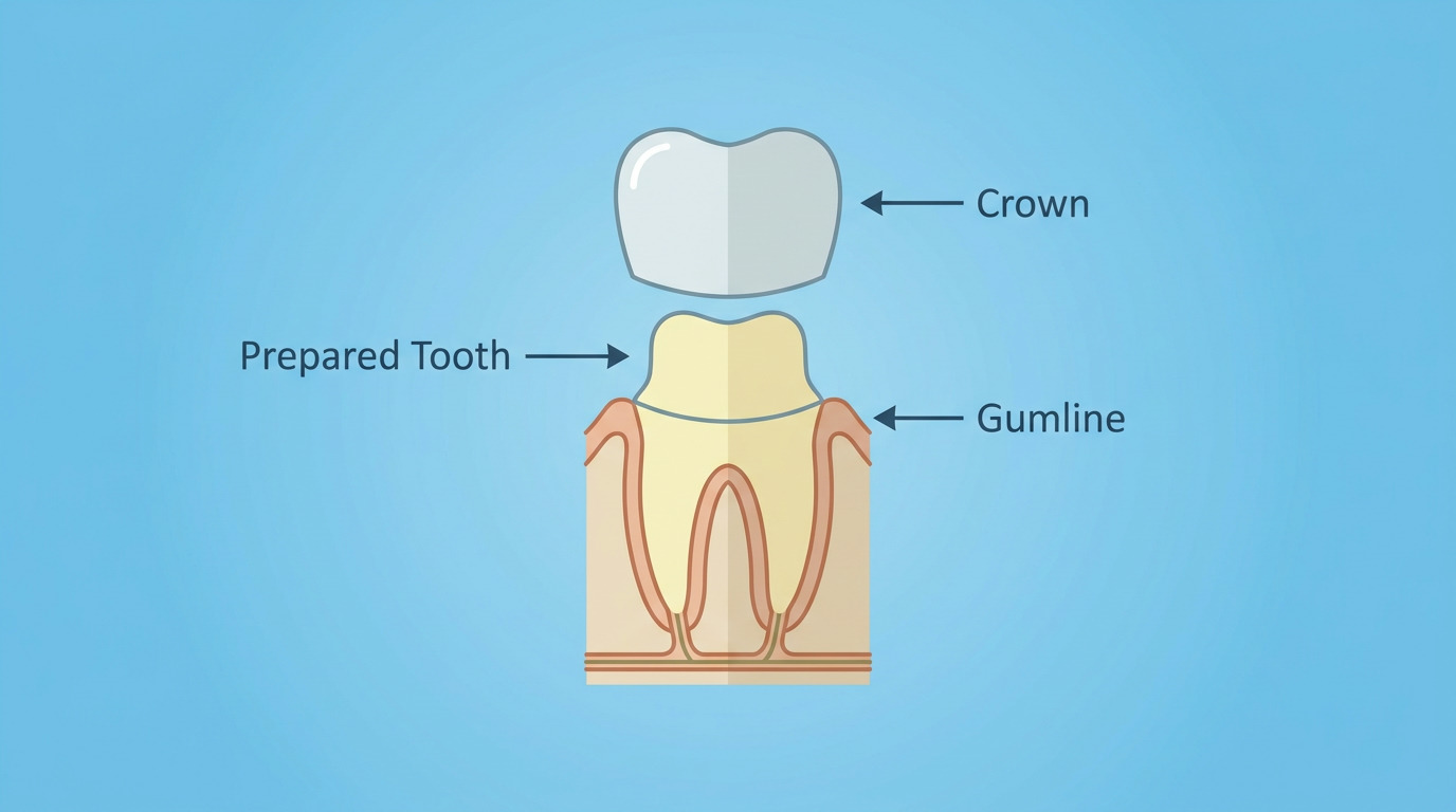 A cross-section diagram shows a prepared tooth with its root and gumline, with a dental crown positioned above it, and labels pointing to the crown, prepared tooth, and gumline.