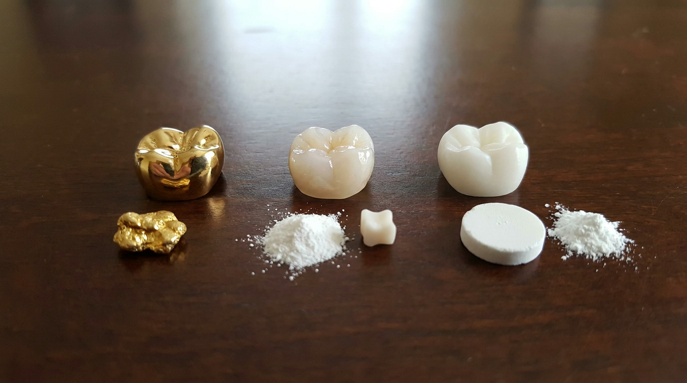 A gold crown, a porcelain crown, and a white zirconia crown are displayed on a dark wooden surface, each with samples of their raw materials, including a gold nugget, white powder, a small white block, and a white disk.