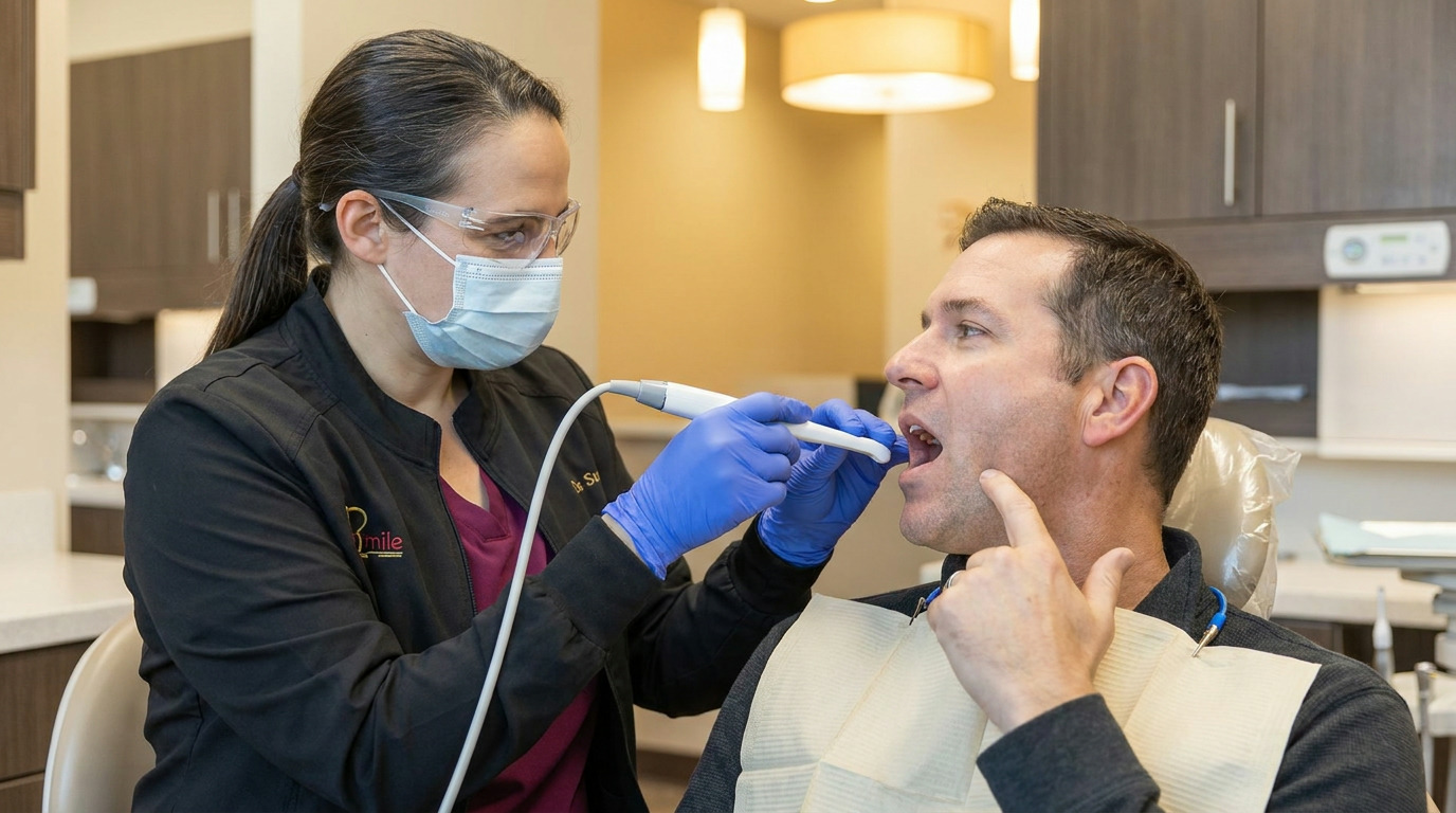 Dr. Leeza Stein, wearing a mask, safety glasses, and blue gloves, uses an intraoral camera inside Daniel's mouth as he points to his back molar in a bright dental operatory.