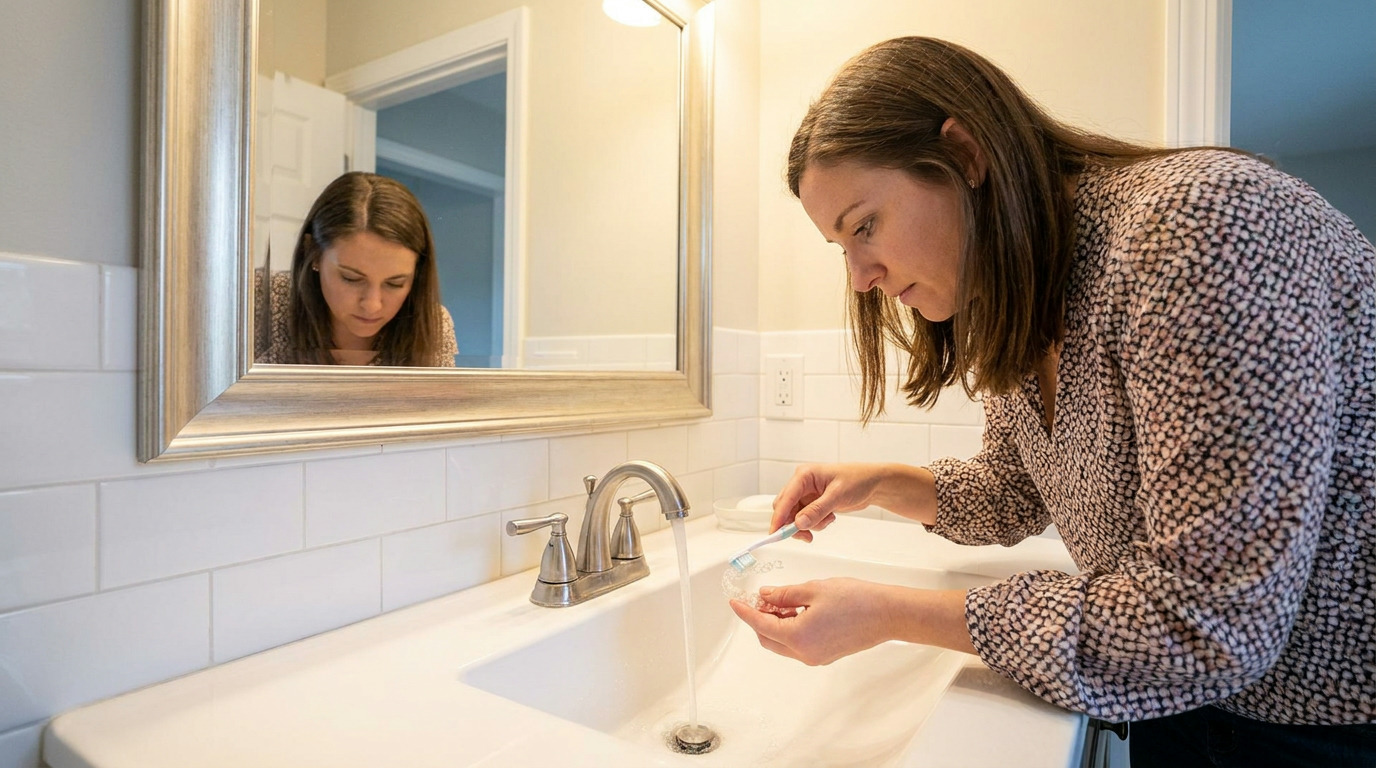 Allison leans over a bathroom sink, cleaning a clear aligner with a toothbrush under running water, with her reflection visible in the mirror.