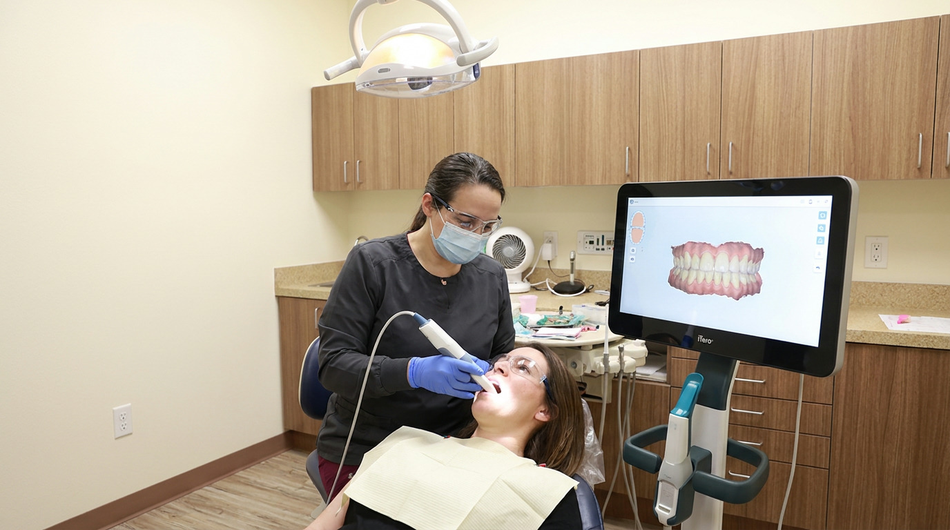Dr. Leeza Stein, wearing a mask and safety glasses, uses a dental scanner wand on Allison, who is seated in a dental chair, while a monitor displays a 3D model of teeth in a dental office.