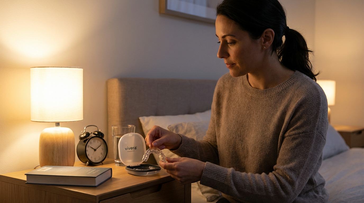 Allison sits on a bed in a dimly lit bedroom, holding a clear dental retainer over an open Vivera case on a nightstand with a lamp, alarm clock, book, and glass of water.