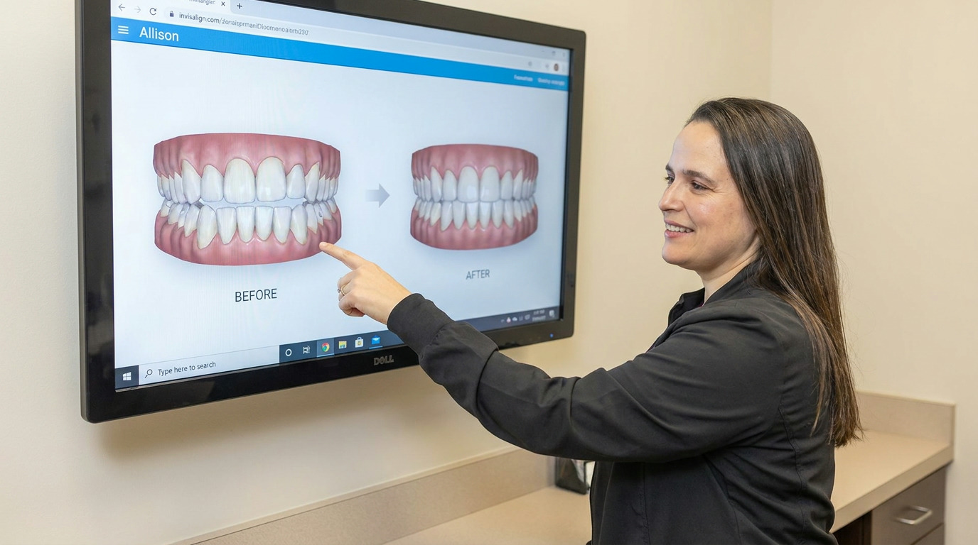 A person in a black jacket points to a digital screen displaying "BEFORE" and "AFTER" 3D models of teeth, with the "BEFORE" model showing misaligned teeth.