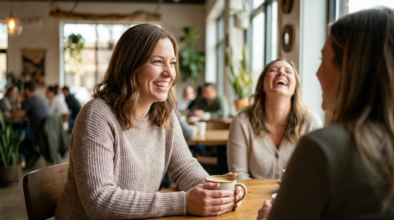 Allison smiles broadly while holding a coffee cup at a wooden table, with two friends laughing and talking in a busy coffee shop background.