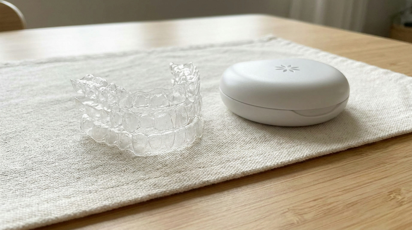 Clear dental aligners and a white storage case rest on a light-colored woven mat on a wooden table.