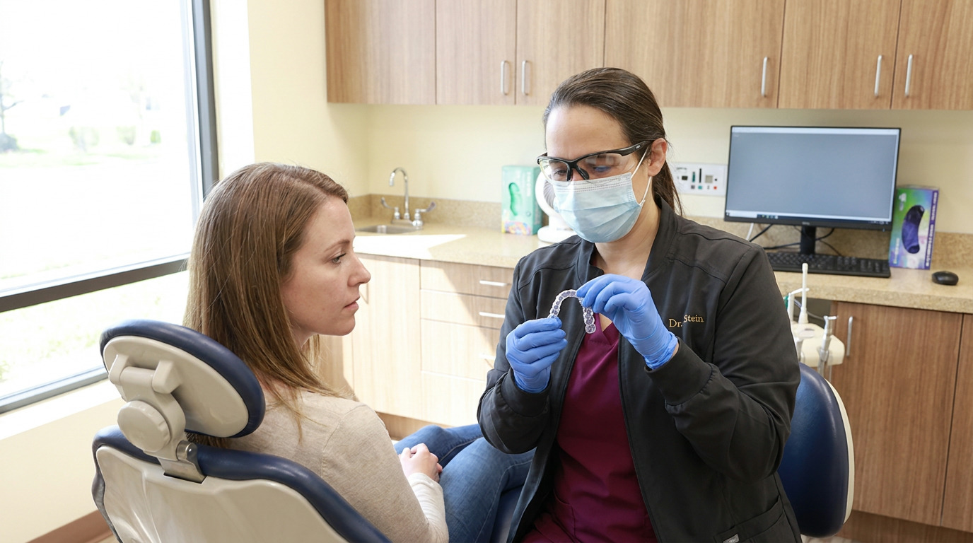 Dr. Leeza Stein, wearing a mask and gloves, holds a clear dental aligner while speaking to a patient seated in a dental chair in a bright operatory with a large window.