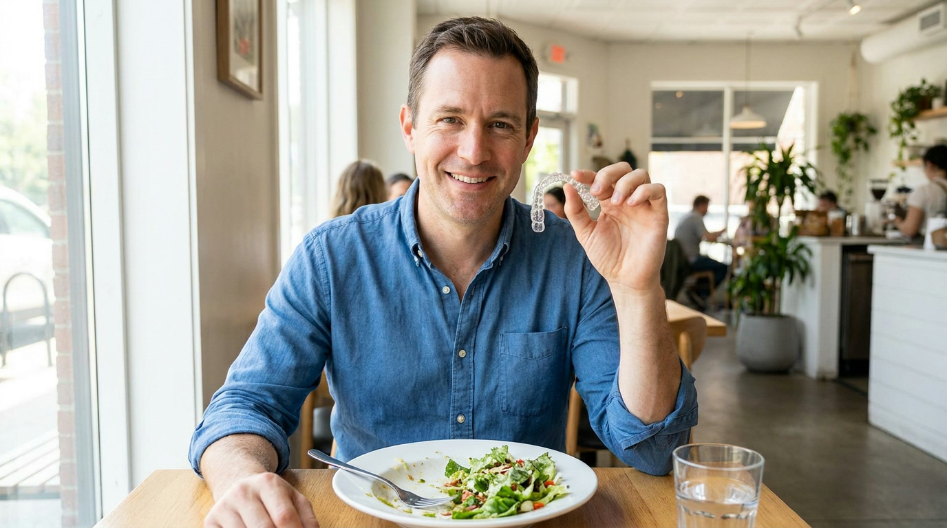 Mark sits at a restaurant table, smiling and holding a clear dental aligner over a partially eaten salad and glass of water.