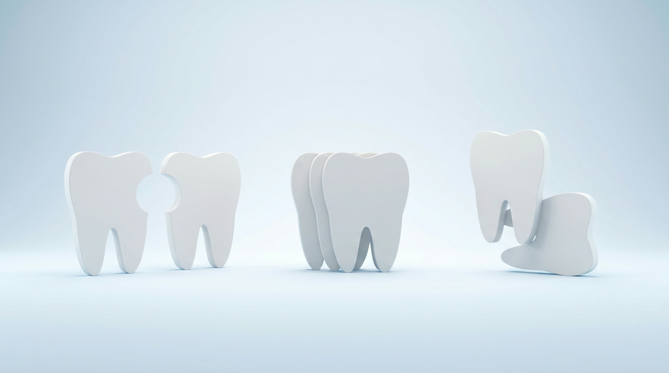 Three groups of simplified white tooth shapes are arranged on a light blue background: two teeth with a circular gap, three stacked teeth, and one tooth positioned above another.
