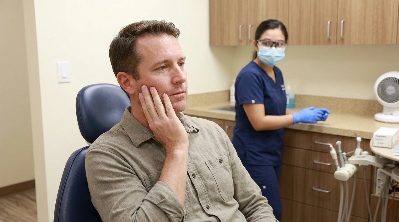 Mark sits in a dental chair, touching his cheek, while a dental professional in scrubs, mask, and gloves stands by a counter in the background.