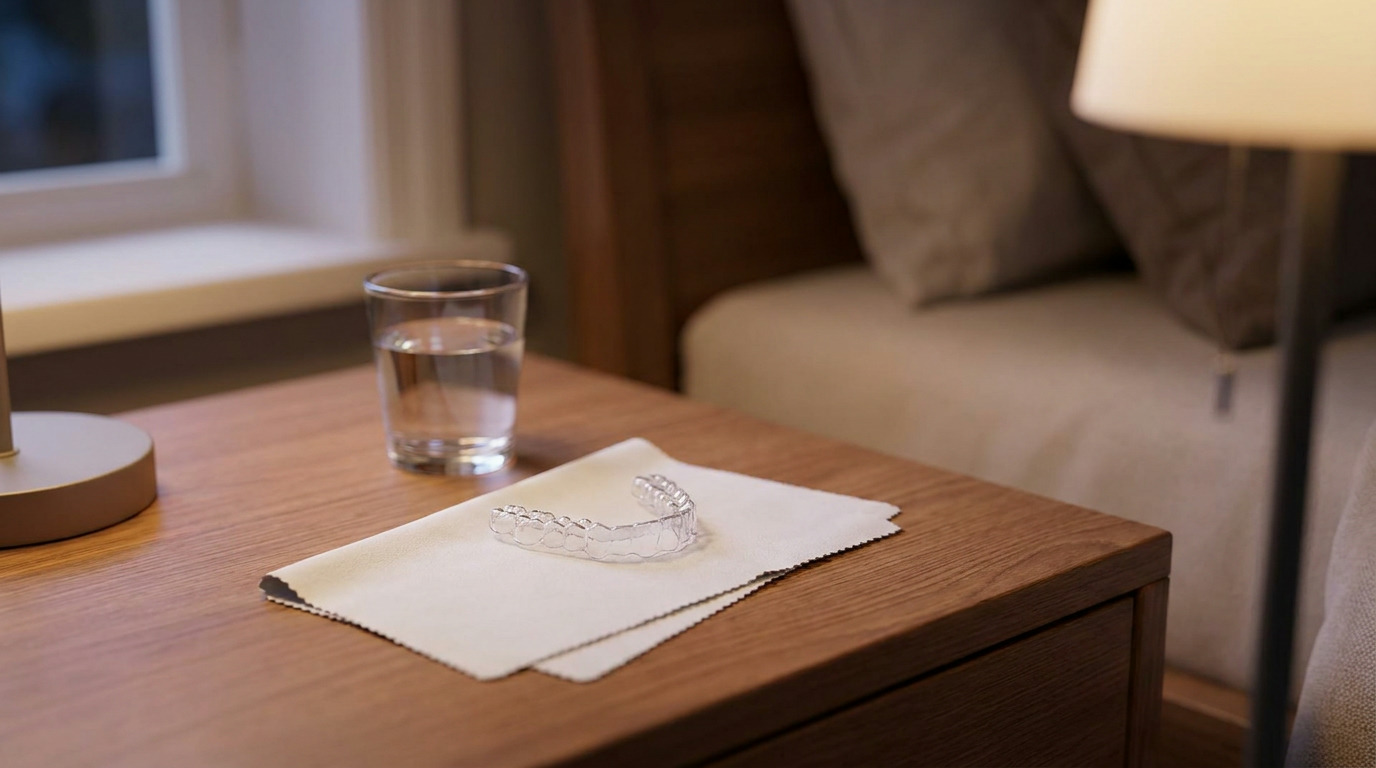 A clear dental retainer rests on a white cloth next to a glass of water on a wooden nightstand, with a lamp and bed in the background.