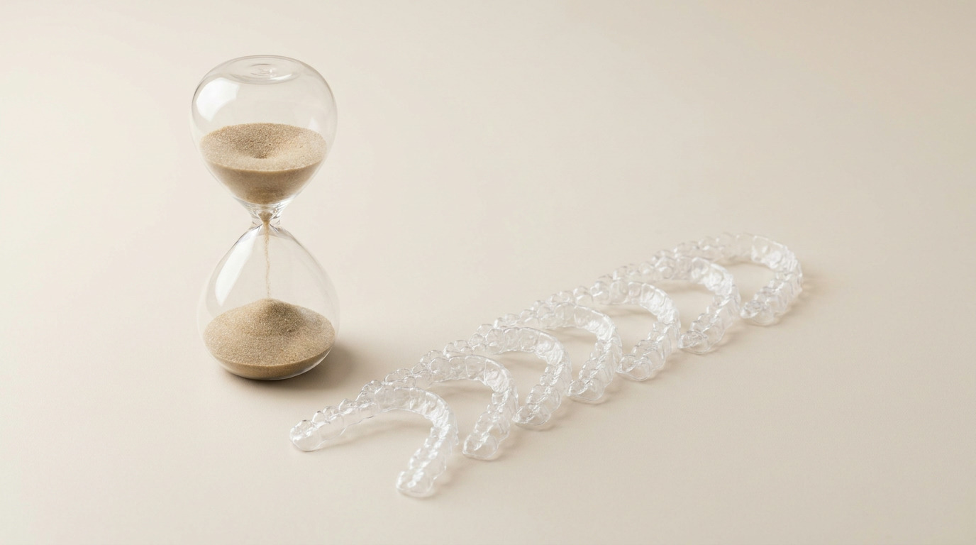 An hourglass with sand falling is next to a row of clear dental aligners on a light background.