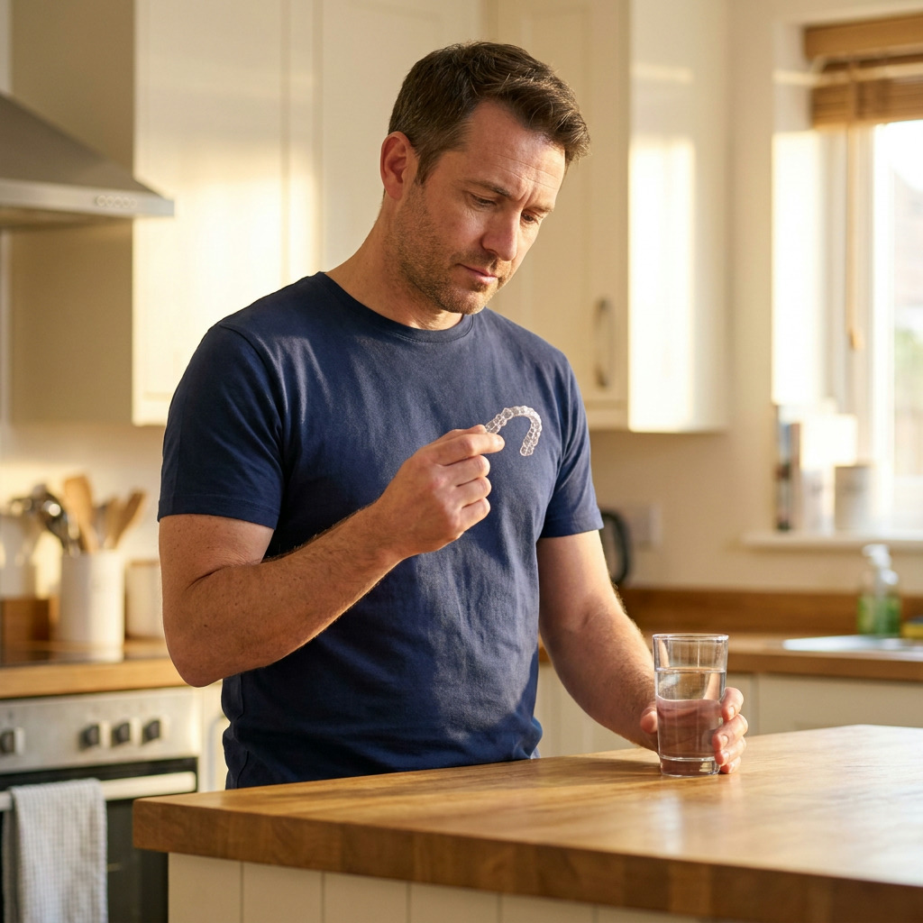 A man in a navy t-shirt stands in a kitchen, holding a clear dental aligner in one hand and a glass of water on a wooden counter.