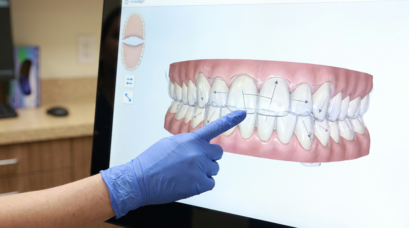 A gloved hand points to a digital screen showing a 3D model of teeth with clear aligners and arrows indicating tooth movement, in a dental office setting.