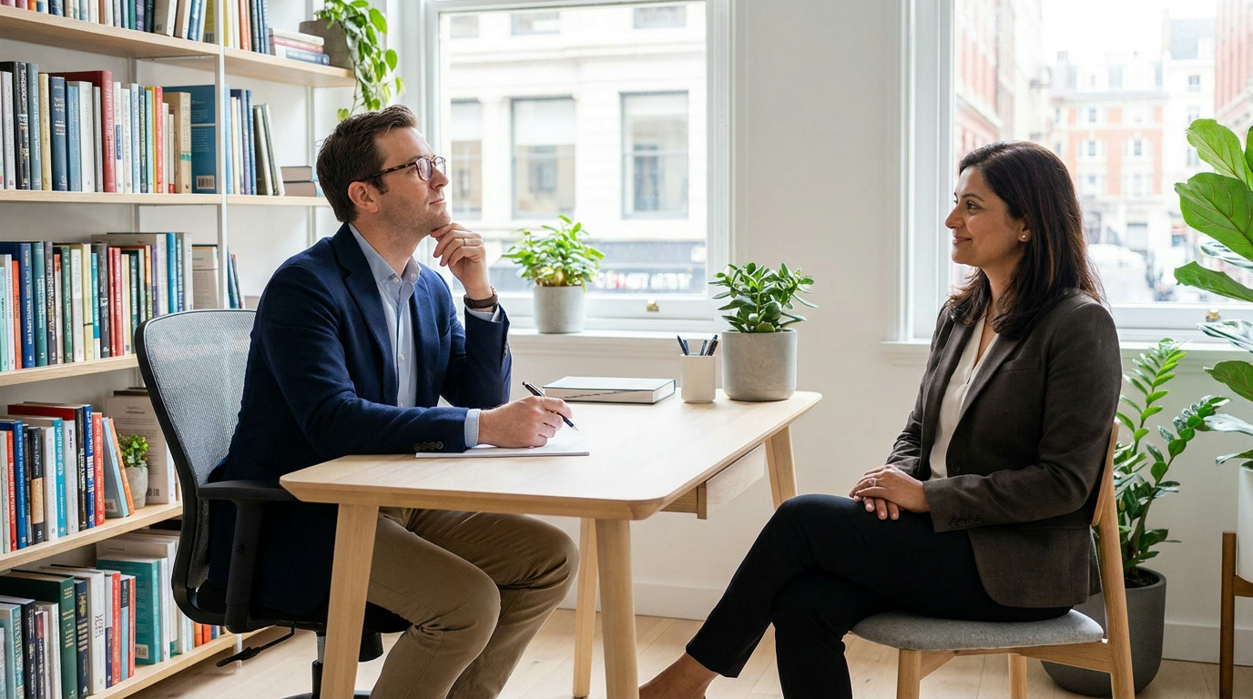 Mark sits at a light wood desk, writing on a notepad, looking thoughtfully up and to the right, while a woman in a dark blazer sits across from him, smiling and looking left.