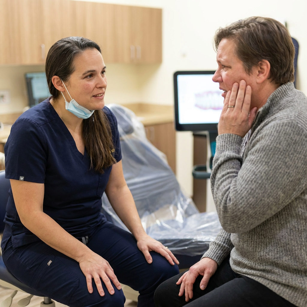An LS Smiles dentist listens to a patient at their Rockwall office during an emergency dental appointment.