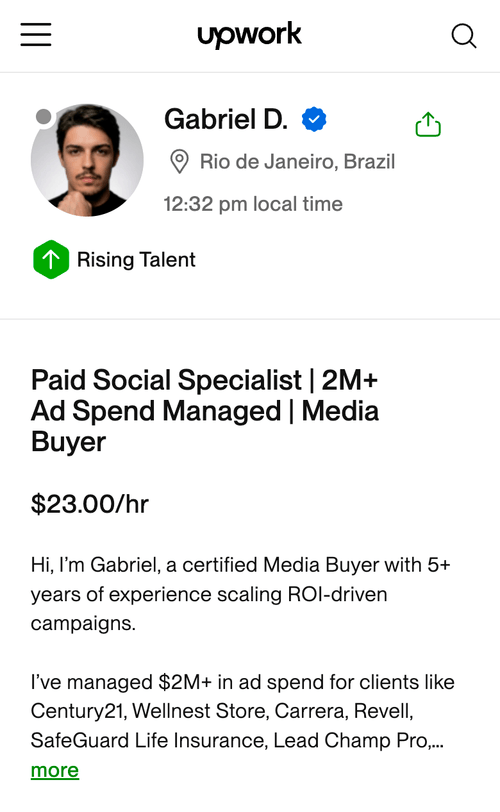 Perfil de Gabriel D. na Upwork