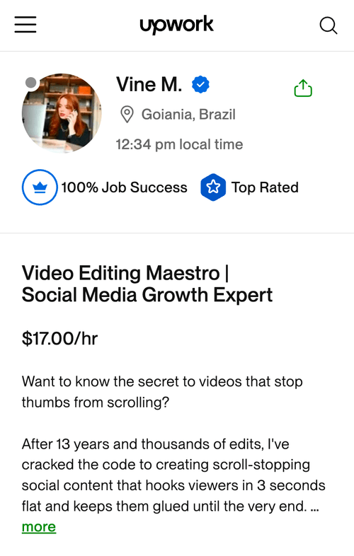 Perfil de Vine M. na Upwork