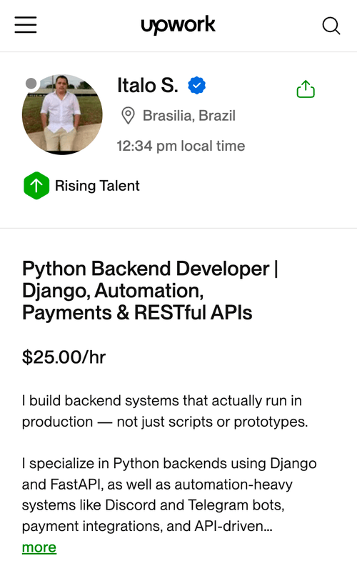 Perfil de Ítalo S. na Upwork