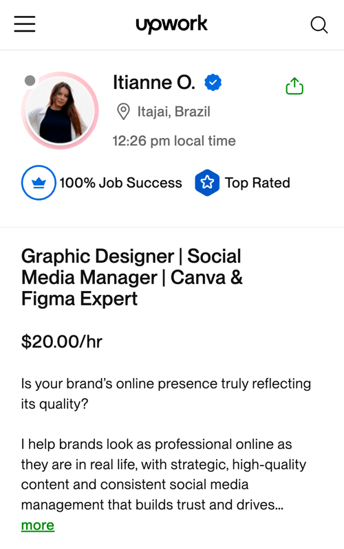 Perfil de Itianne O. na Upwork