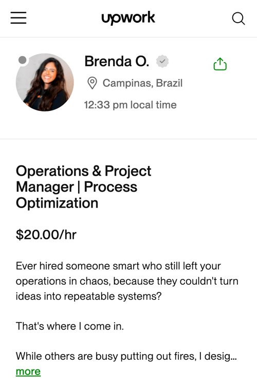 Perfil de Brenda O. na Upwork