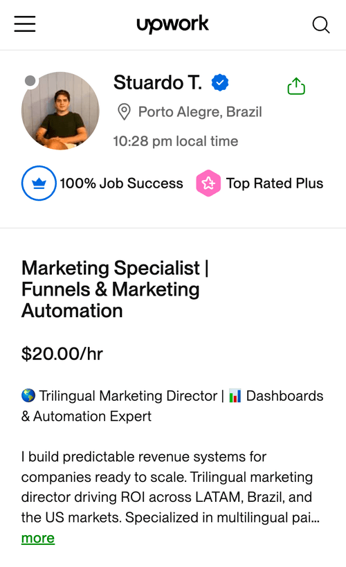 Perfil de Stuardo T. na Upwork