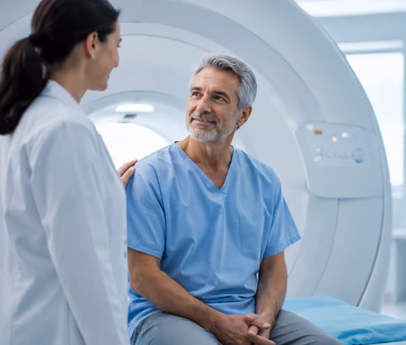 Man and doctor sitting in front of an MRI machine.
