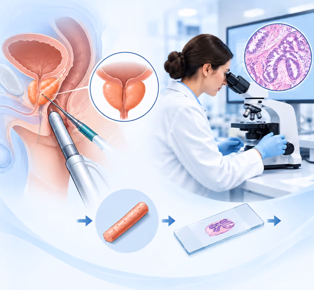 Prostate biopsy followed by pathology testing by a doctor.