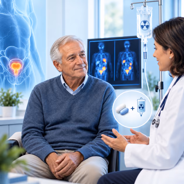 Man and doctor discussing new treatment options for prostate cancer.