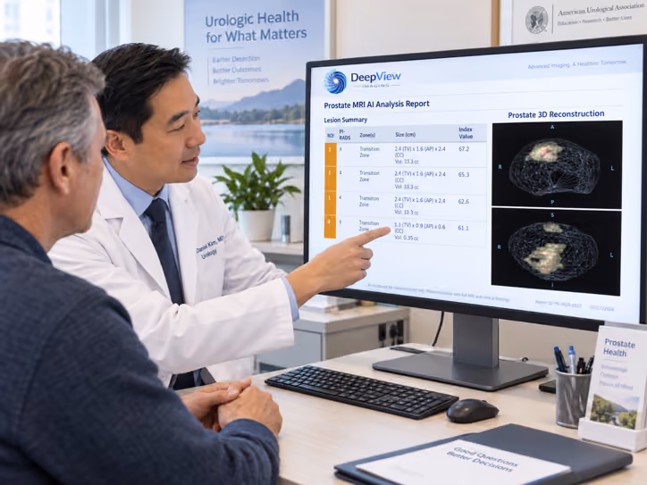 Doctor and patient reviewing AI detected lesions in the prostate and their 3D reconstruction.