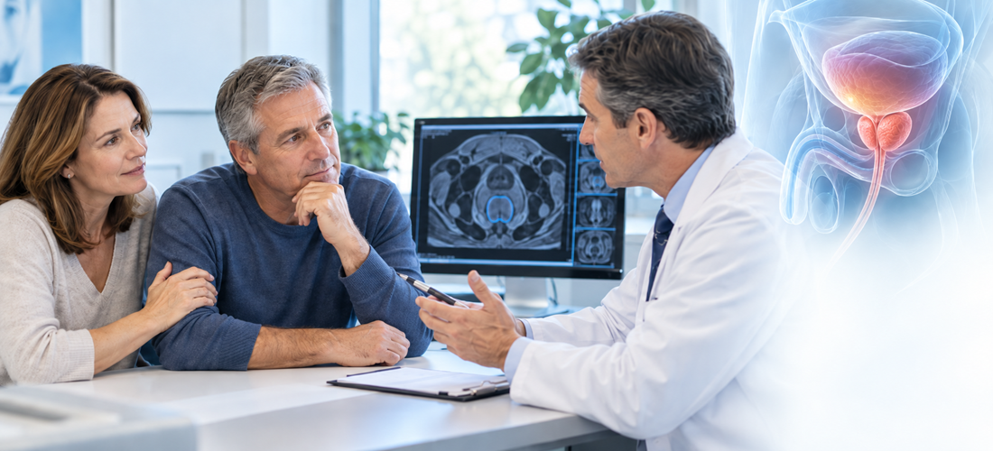 Couple with Doctor Discussing Prostate Cancer Risks & Treatment