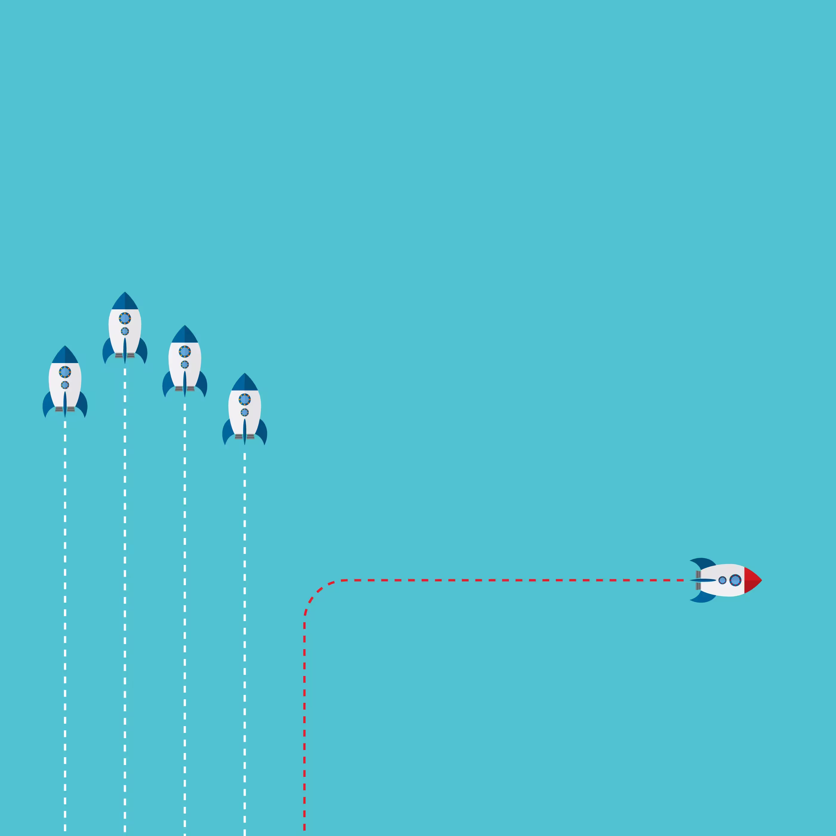 Vier weisse Raketen fliegen nach oben mit weissen gestrichelten Linien, eine rote Rakete weicht davon ab und fliegt nach rechts mit einer roten gestrichelten Linie.