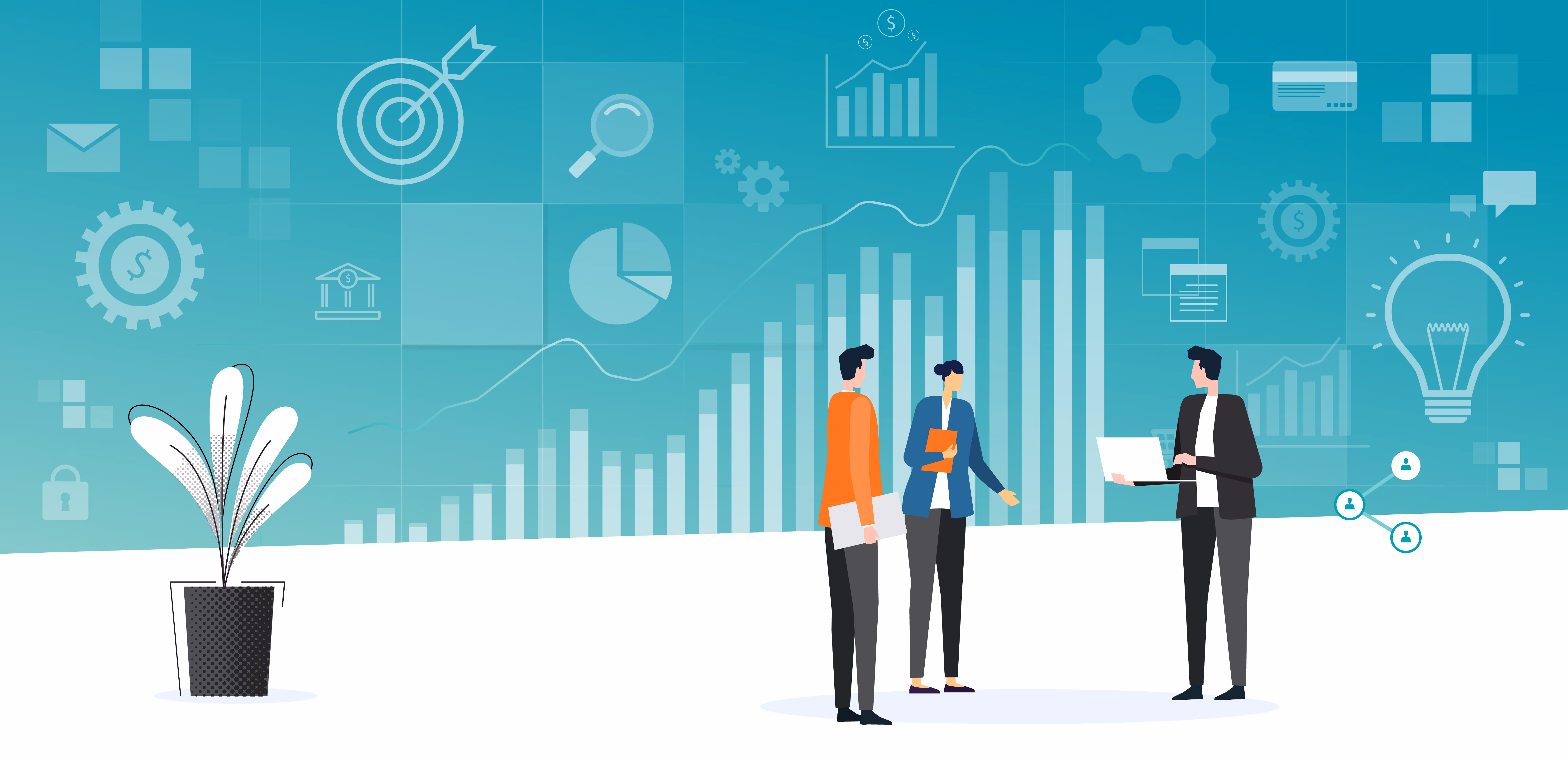 Drei Personen diskutieren vor einem Hintergrund mit steigenden Balkendiagrammen und Symbolen für Geschäftsanalyse und Innovation.