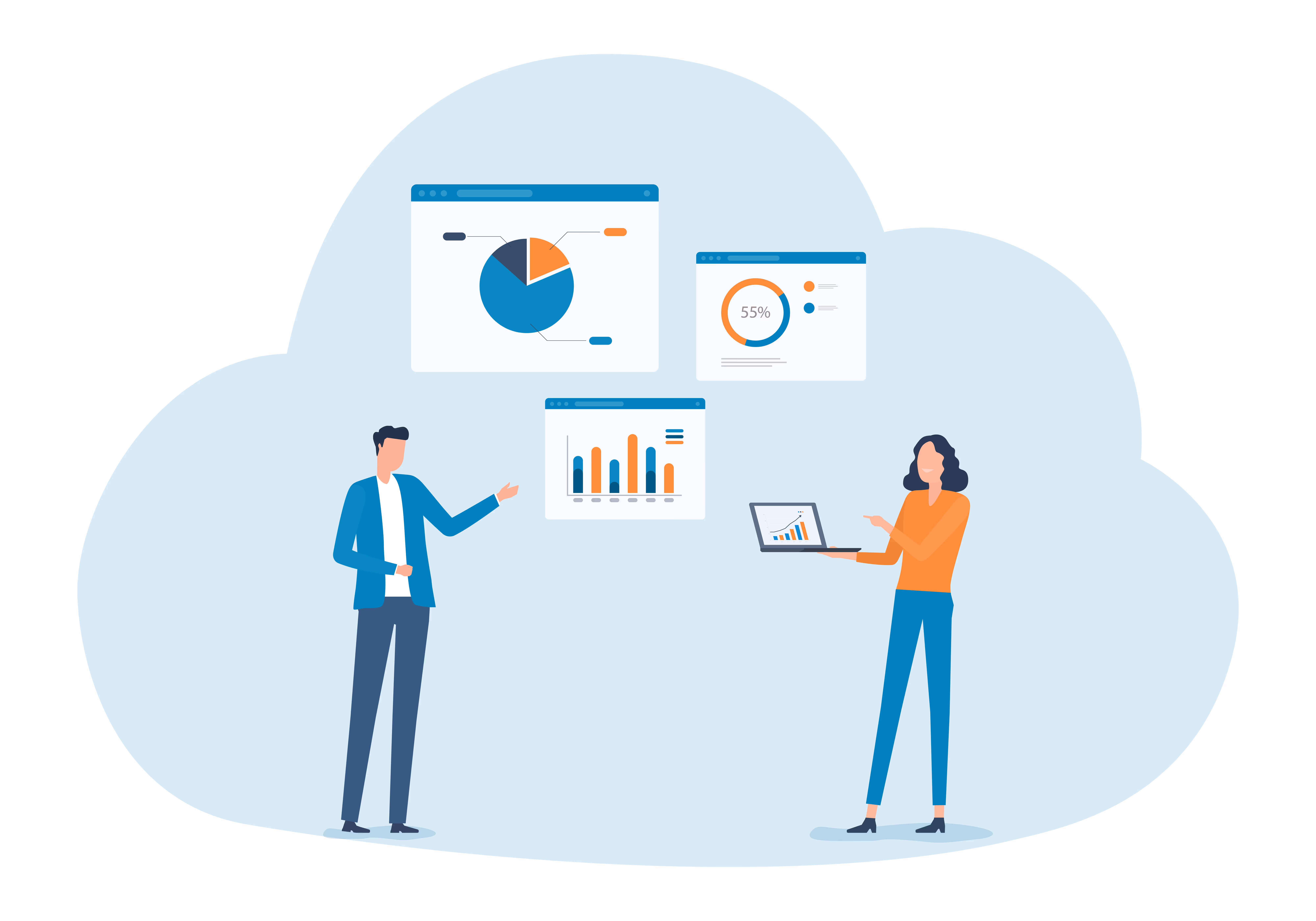 Zwei Personen präsentieren verschiedene Charts und Diagramme auf einem Laptop und virtuellen Bildschirmen vor einer stilisierten Wolke.