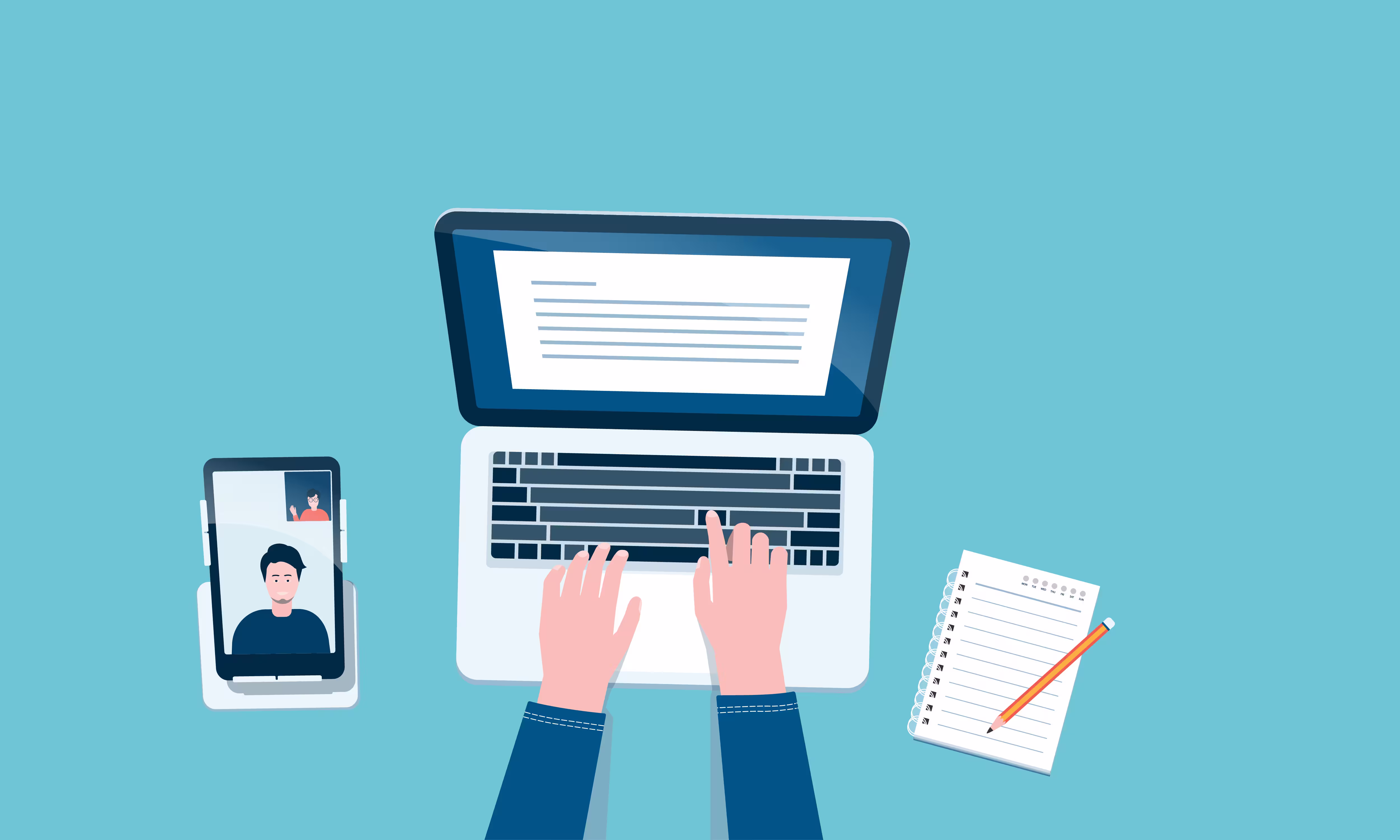 Person tippt auf einem Laptop, daneben Handy mit Videocall, Notizblock mit Bleistift und eine Tasse Kaffee auf blauem Untergrund.