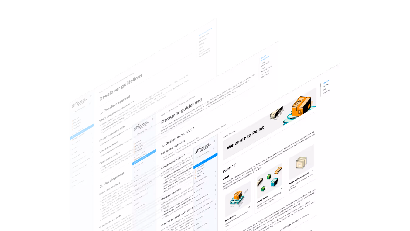 Three angled web pages showing developer guidelines, designer guidelines, and a welcome page for Pallet digital product design system.