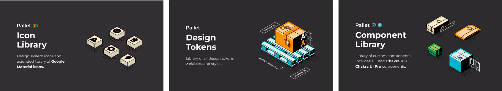 Three sections showing Pallet design resources: Icon Library with 3D icons, Design Tokens with an abstract 3D box and pallets, and Component Library with 3D UI components on dark background.