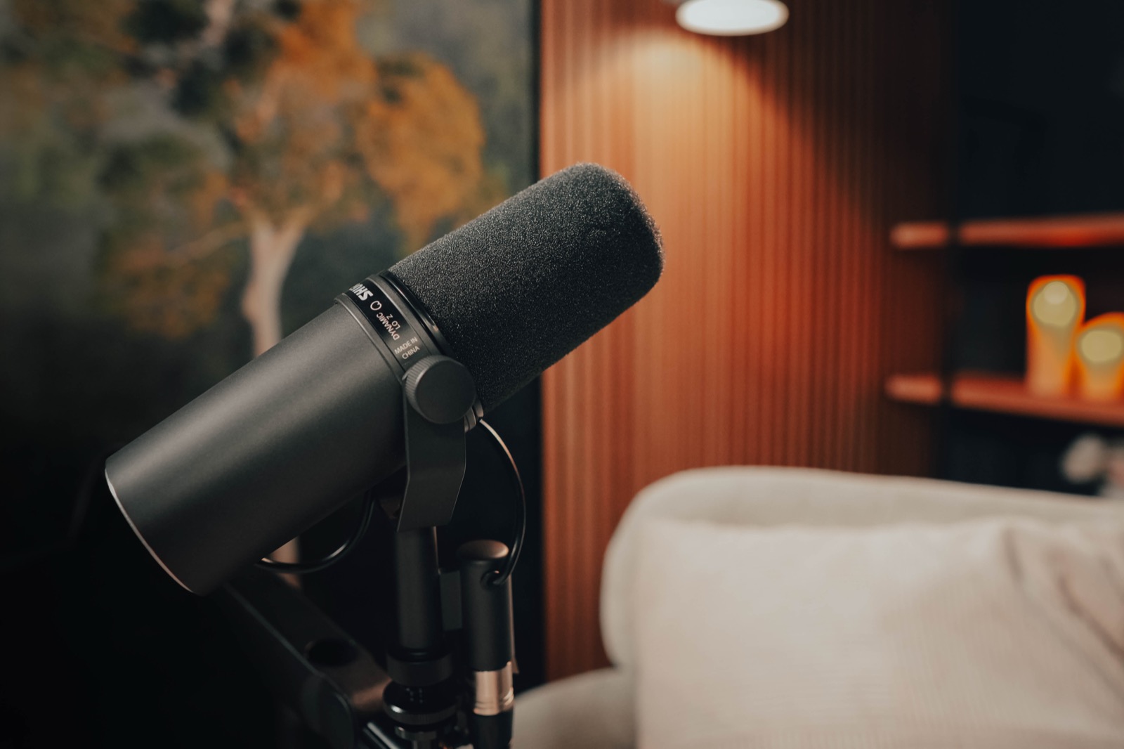 Professional podcast microphone set up in a Poddworx recording studio