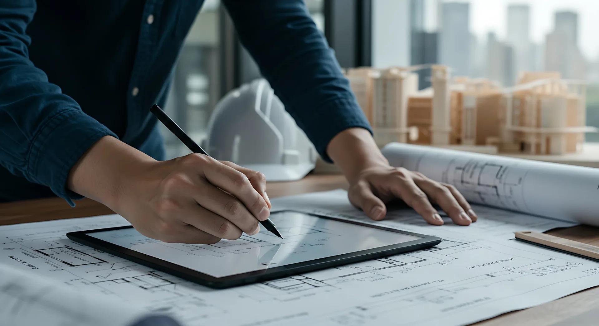 Man designing building plans on an Ipad surrounded by drawings and models