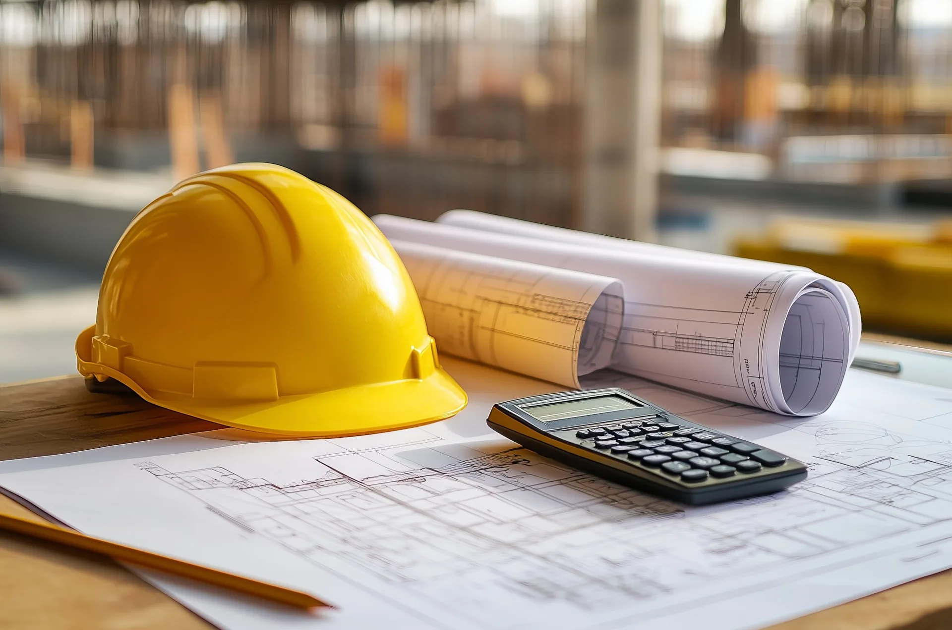 Hard hat, calculator and pencil on top of building plans. 