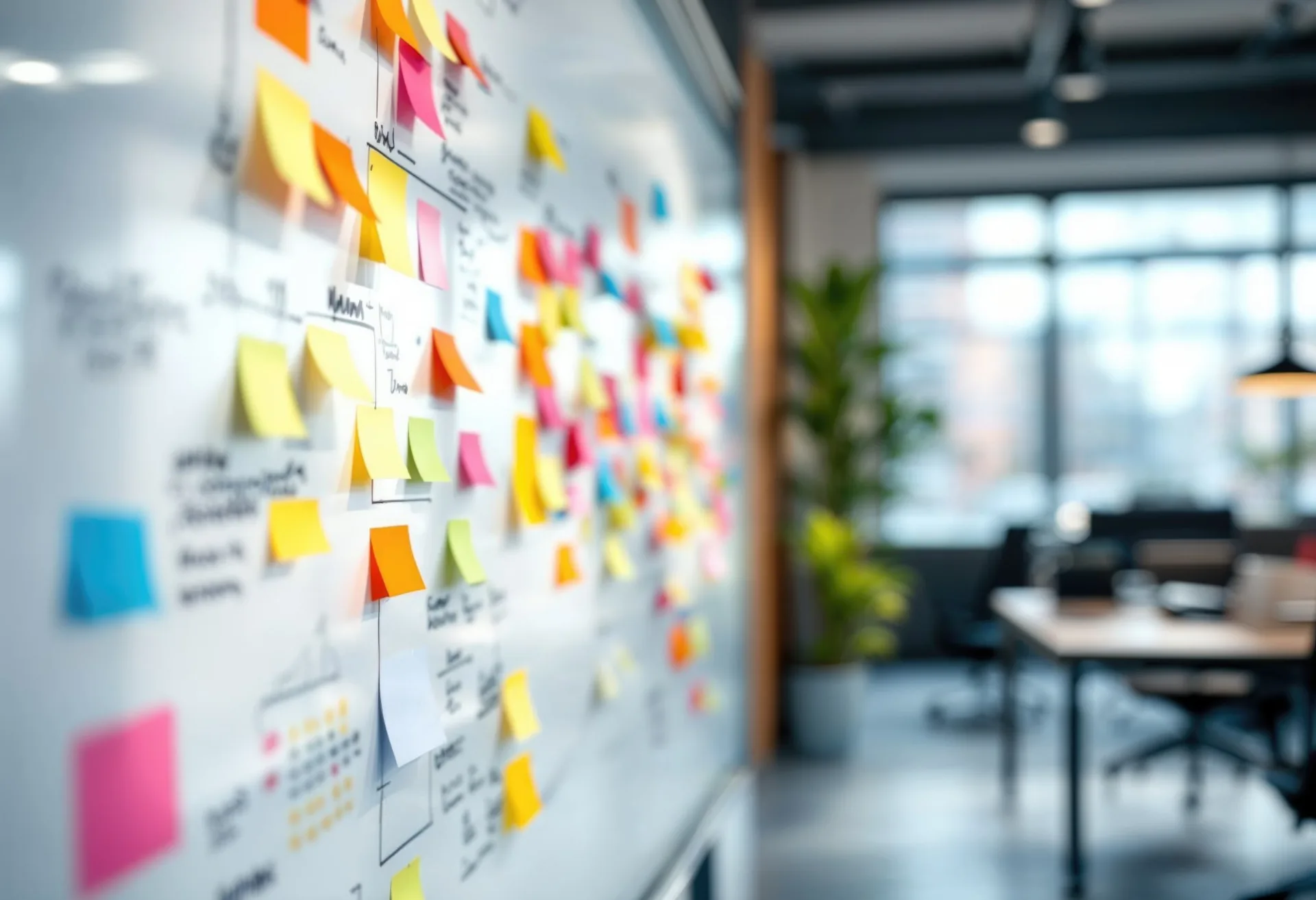 Post it notes on white board for a big board brainstorming meeting. 