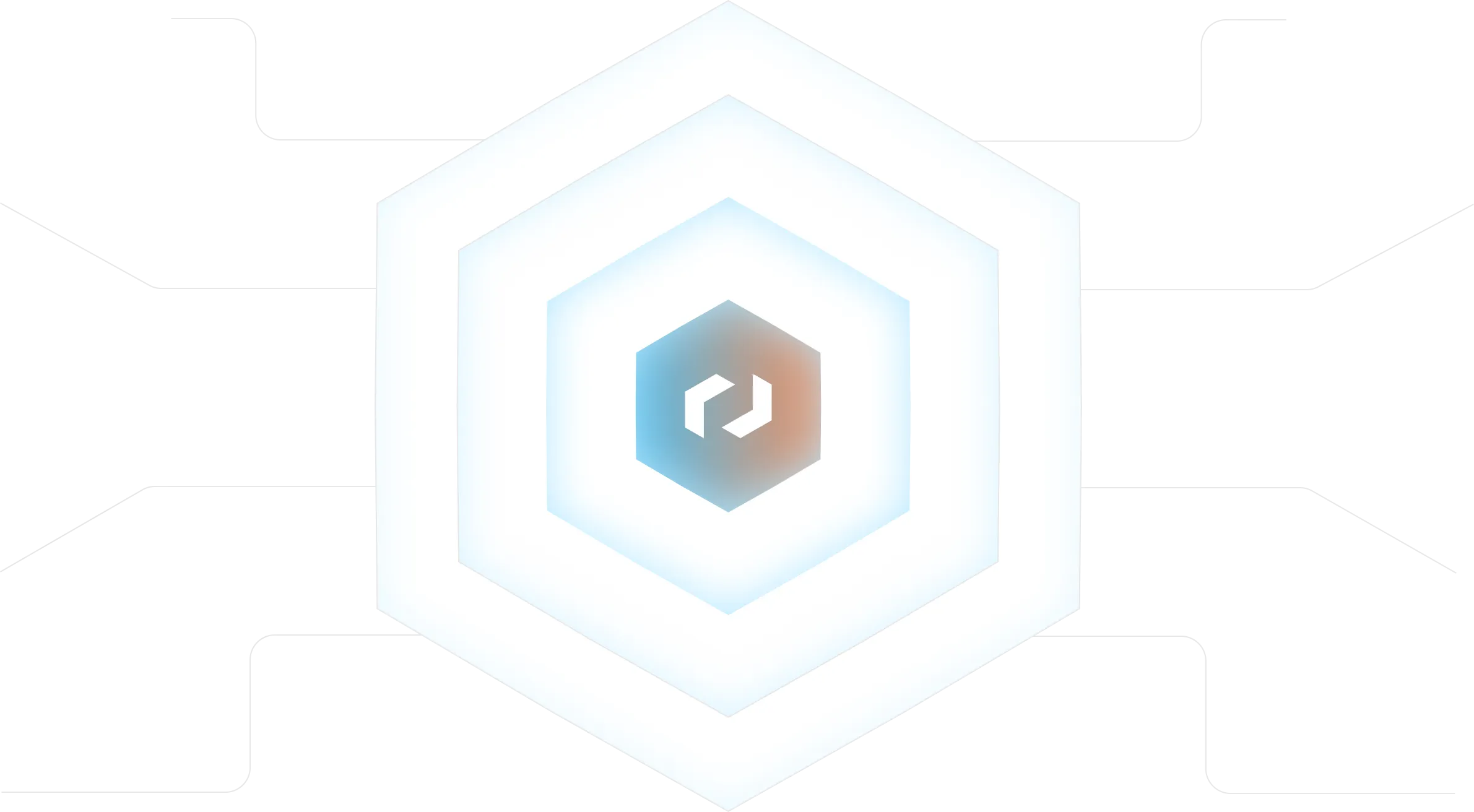 White hexagonal layered graphic with a central blue and orange hexagon containing two white interlocking arrows.
