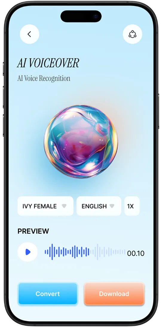 Mobile screen showing an AI voiceover app with options to select voice type, language, playback speed, and buttons to convert or download audio.