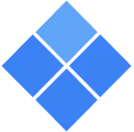 Blue four-segment square logo with a white 'V' shape in the center formed by negative space.