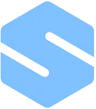 Abstract blue hexagonal logo with white diagonal stripes on a gray background.